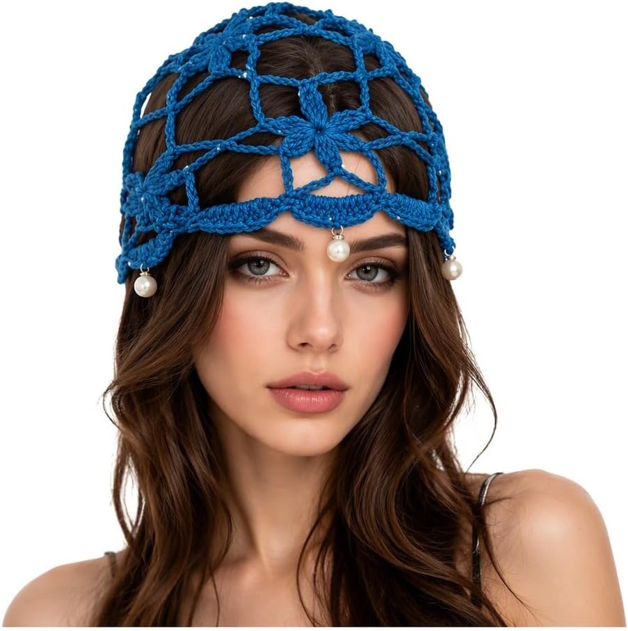 Pearl-Pendant Knitted Beanie Women Crochet Hat Handmade