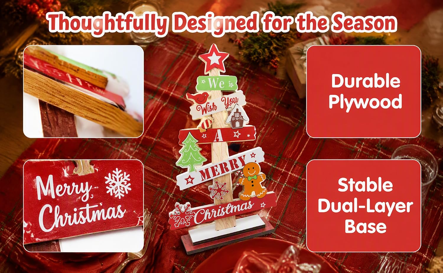 Text reads 'Those breathtaking Decor of the season', 'Durable Plywood', 'Stable Wood-fiber Base', 'Merry Christmas'. Red holiday decoration product with Christmas styling and specifications.