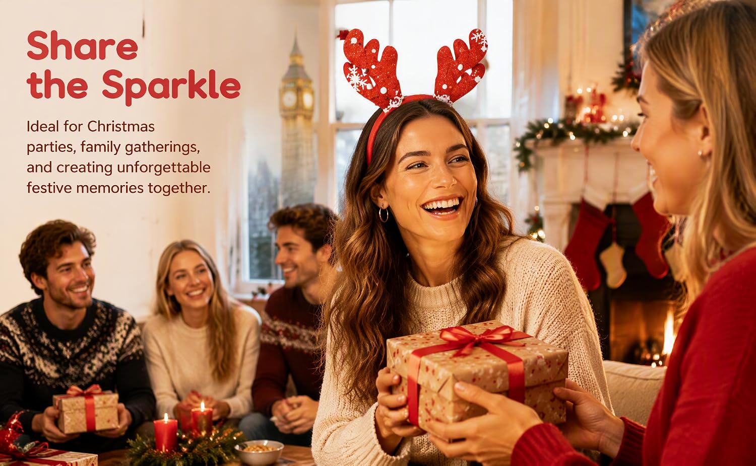 Text reads 'Share the Sparkle'. Festive holiday scene showing people exchanging wrapped gifts indoors with warm lighting and holiday decorations.