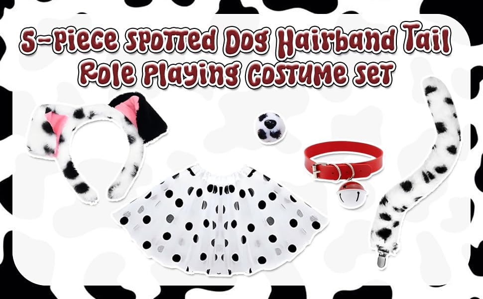 Text reads '8-Piece Spotted Dog Hairband Tail Ears Plugs Costume Set'. Red and white spotted dog costume set with red hairband featuring spots, displayed against white background with black paw print pattern.
