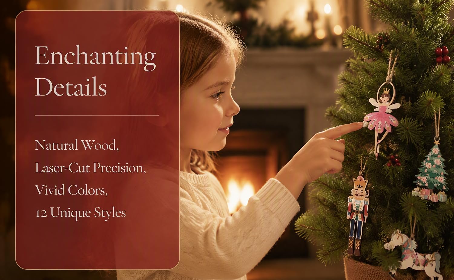 Text reads "Enchanting Details, Natural Wood, Laser Cut Precision, Vivid Colors, 45 Unique Sticks". Profile view of person with holiday ornaments. Wooden decorative pieces featuring detailed craftsmanship and natural materials displayed as festive ornaments.