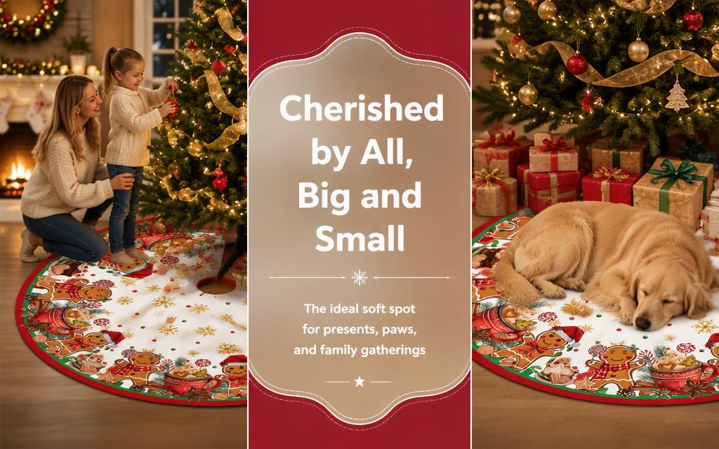 Text reads "Cherished by All, Big and Small" and "The ideal soft work surface for holidays and family gatherings". Festive Christmas tree skirt with decorative pattern shown in holiday setting.