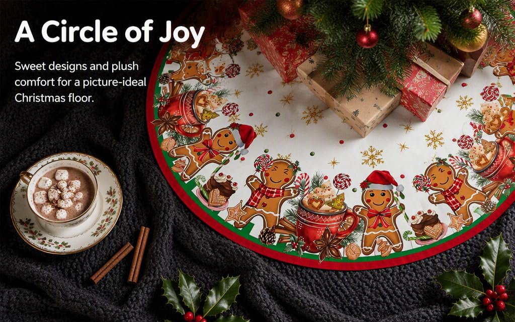 Text reads "A Circle of Joy". Festive overhead shot of circular red and white patterned cloth with Christmas-themed designs, hot beverage with cream, and wrapped gifts on dark surface.