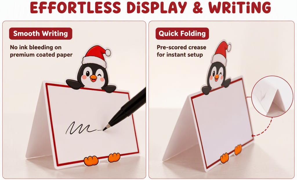 Text reads 'EFFORTLESS DISPLAY &amp; WRITING' with two sections labeled 'Smooth Writing' and 'Quick Folding' featuring penguin character and white storage displays.