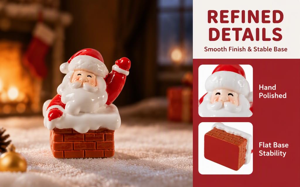 Text reads "REFINED DETAILS" and "Smooth Finish &amp; Stable Base" and "Hand Painted" and "Flat Base Stability". Decorative Santa figurine with gift box, showing product features with burgundy accent panel.