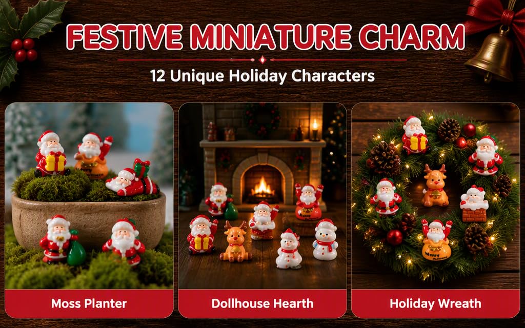 Text reads "FESTIVE MINIATURE CHARM" and "12 Unique Holiday Characters". Displayed collection shows three themed sets: "Moss Planter", "Dollhouse Hearth", and "Holiday Wreath" featuring small festive figurines and decorative pieces.