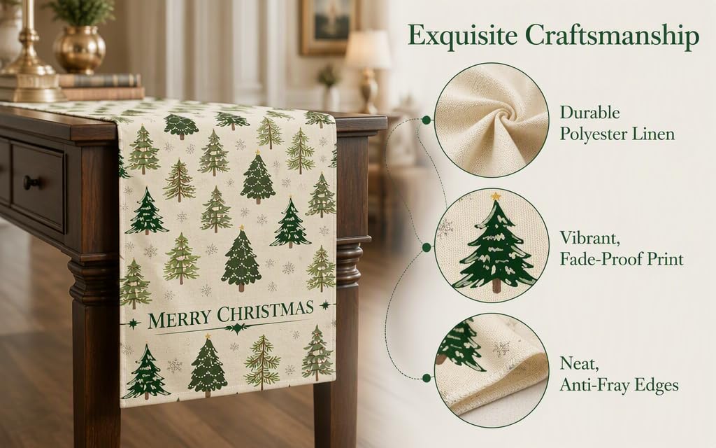 Text reads "Exquisite Craftsmanship", "Durable Polyester Linen", "Vibrant Fast Dye Print", "Soft Non-Fray Edges", "MERRY CHRISTMAS". Christmas tea towel with green pine tree pattern, displayed hanging on kitchen counter with festive holiday décor.