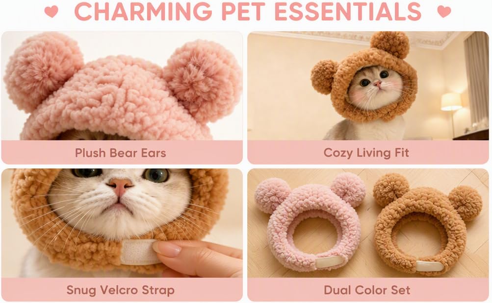 Text reads 'CHARMING PET ESSENTIALS'. Four pink pet accessories: plush bear ears headband, cozy living fit garment, snug velcro strap, and dual color ear set.