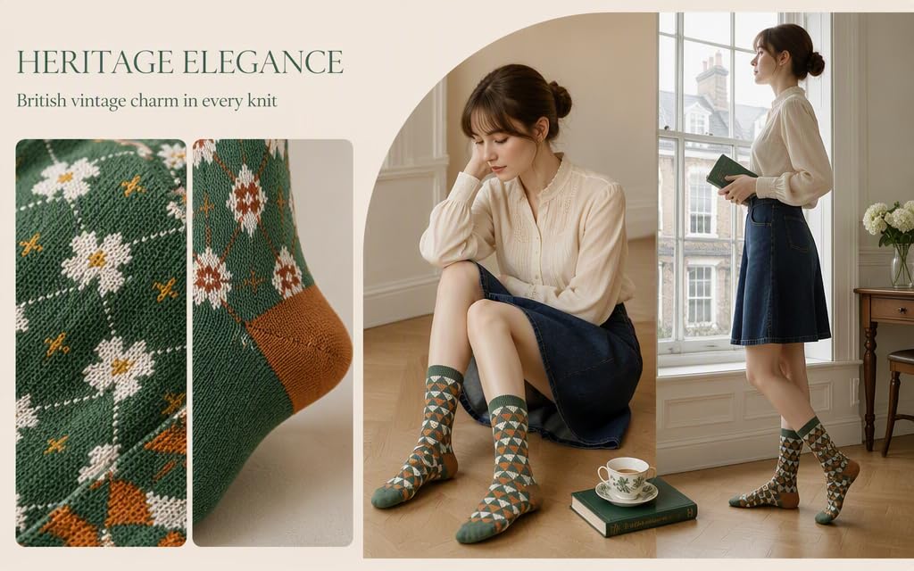 Text reads "HERITAGE ELEGANCE" and "British vintage charm in every knit." Woman wearing cream button-up shirt and navy skirt with patterned ankle boots, sitting on floor. Green floral patterned garment with brown leather bag detail visible.