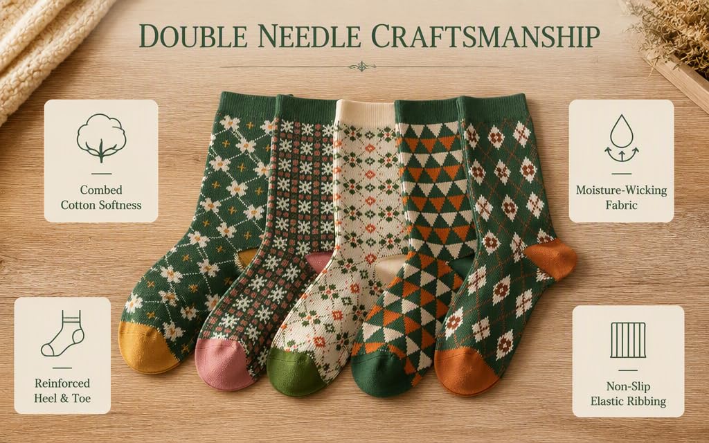 Text reads 'DOUBLE NEEDLE CRAFTSMANSHIP'. Four pairs of knitted socks with geometric patterns in green, cream, and brown tones displayed on wood surface with four circular icons showing craftsmanship features.