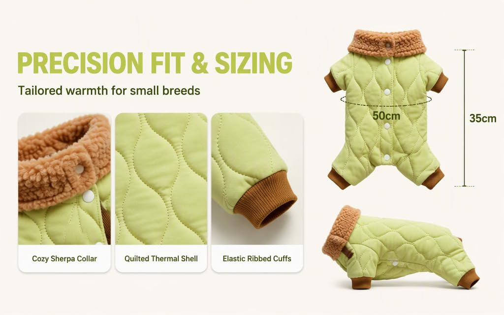 Text reads 'PRECISION FIT &amp; SIZING' and 'Tailored warmth for small breeds.' Four images show green and brown knitted pet garments from different angles with labels: 'Cosy Sleeves Cuffs', 'Quilted Thermal Shell', 'Elastic Ribbed Cuffs'. Measurement indicator shows '35cm'.