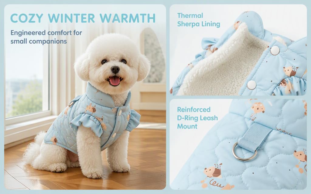 Text reads 'COZY WINTER WARMTH', 'Thermal', 'Engineered comfort for small companions'. Small dog wearing light blue patterned thermal jacket with coordinating bedding showing cozy winter pet clothing design.