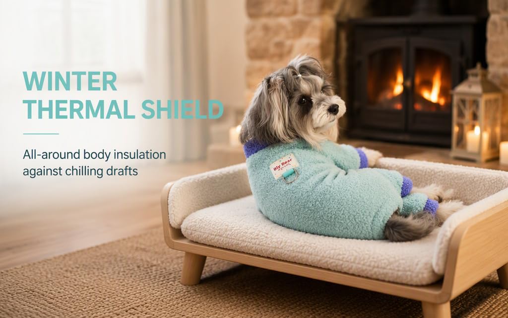 Text reads 'WINTER THERMAL SHIRT, All-around thermal insulation against cold drafts.' Small dog wearing light blue thermal shirt lying on white dog bed near fireplace.
