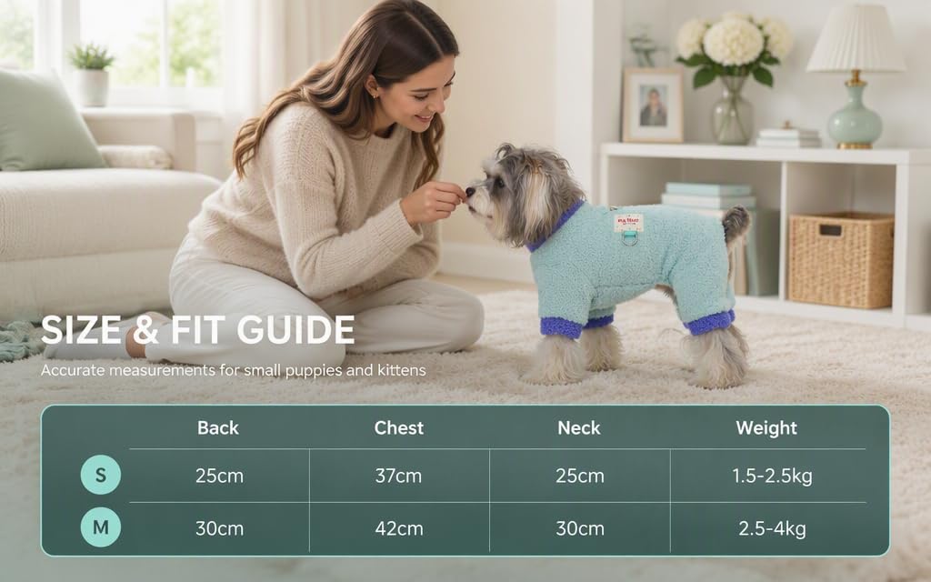 Text reads 'SIZE &amp; FIT GUIDE'. Woman in beige sweater playing with blue stuffed animal. Size chart shows Back, Chest, Neck, Weight measurements: Back 30cm/42cm/30cm 2.5-4kg.