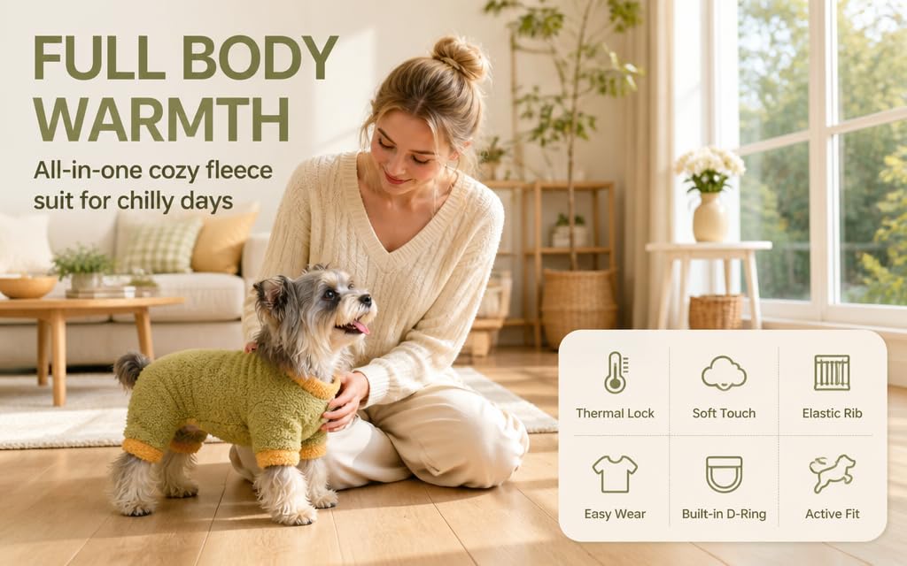 Text reads "FULL BODY WARMTH" and "Perfect for you, your family and your chilly paws." Woman with small dog holding beige fabric wearable. Icon row shows machine wash, tumble dry, and other care symbols.